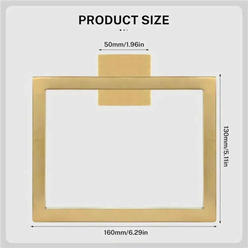 Bathroom towel ring set 2 piece wall mounted brushed gold square hand towel hold